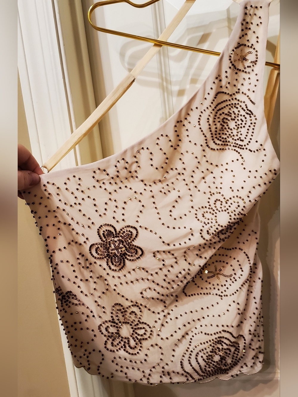 Edikted One-Shoulder Astrid Beaded Backless Floral Crop Top in Beige Size Medium - Picture 5 of 10